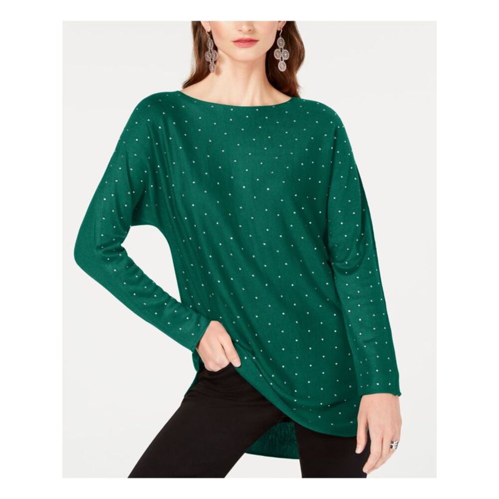 INC Womens Green Embellished Polka Dot Long Sleeve Jewel Neck Top Size: S